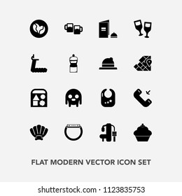 Modern, simple vector icon set with sweet, monster, fiction, child, marine, button, call, book, play, baby, coffee, alien, watch, toy, sea, exercise, alcohol, rattle, phone, smart, beer, shell icons