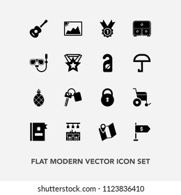 Modern, simple vector icon set with auto, snorkel, book, wheelchair, water, money, pin, handicap, winner, tropical, telephone, exotic, fresh, finance, picture, guitar, image, vehicle, frame, bar icons