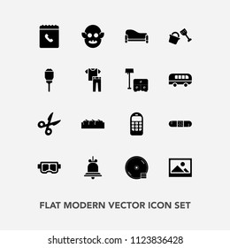 Modern, simple vector icon set with street, alien, disk, background, fiction, bell, mask, alert, snorkel, tool, health, ufo, cut, dvd, fruit, sea, book, interior, alarm, bucket, communication icons