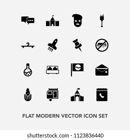 Modern, simple vector icon set with vacation, food, bucket, medieval, medicine, travel, mail, double, book, trailer, bedroom, asia, corn, furniture, bed, graphic, healthy, journey, castle, drink icons