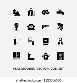 Modern, simple vector icon set with towel, estate, road, water, cookie, fitness, cloth, business, presentation, training, milk, building, musical, sport, landscape, dessert, bottle, pin, person icons