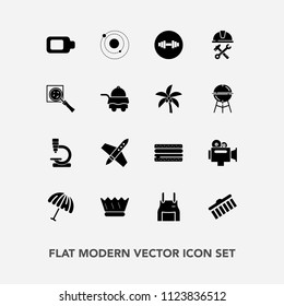 Modern, simple vector icon set with pinafore, cheeseburger, uniform, gym, umbrella, snack, brush, sign, stroke, energy, spaceship, apron, microscope, galaxy, camera, handle, collection, rain icons