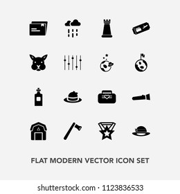 Modern, simple vector icon set with tool, natural, farming, wood, light, hammer, piece, beverage, staple, weather, wet, chess, rain, water, flashlight, torch, barn, game, leather, flight, sign icons