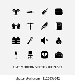 Modern, simple vector icon set with comfortable, cheeseburger, flashlight, clinic, cold, mail, ice, cooler, furniture, dentistry, love, protective, volume, medical, bucket, clothing, wine, heart icons