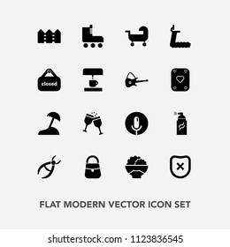 Modern, simple vector icon set with safety, medical, record, drill, fashion, fence, abstract, dentist, rice, grain, red, paint, skate, graffiti, alcohol, microphone, street, treadmill, fitness icons