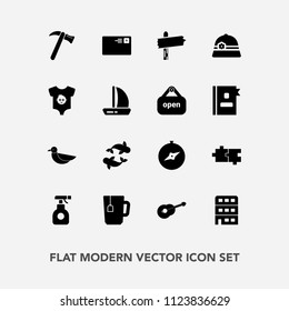 Modern, simple vector icon set with mail, city, white, baby, fish, business, spanner, cup, animal, tea, sprayer, internet, arrow, bird, nature, hat, puzzle, map, child, pesticide, hammer, drink icons