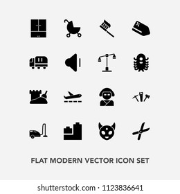 Modern, simple vector icon set with airplane, brush, stroller, clean, alien, sign, price, pruning, gardening, tower, travel, sand, vacuum, pram, airport, space, beautiful, asian, work, domestic icons