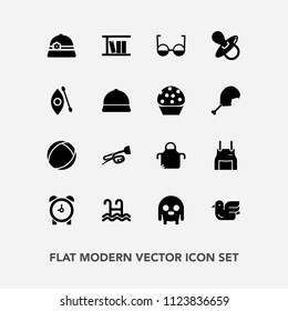 Modern, simple vector icon set with bird, kayaking, pinafore, doughnut, kid, activity, nature, ball, alarm, trumpet, chef, ufo, food, watch, eye, clock, book, monster, sign, sound, kayak, space icons