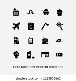 Modern, simple vector icon set with brochure, paper, electricity, dessert, nature, spring, hotel, instrument, work, business, old, blossom, flower, kitchen, telephone, love, office, battery, bar icons