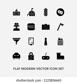 Modern, simple vector icon set with alien, travel, road, conditioner, igloo, air, building, ufo, lamp, style, kitchen, snow, cooking, light, filter, leather, food, chess, house, city, strategy icons