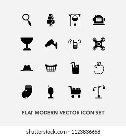 Modern, simple vector icon set with science, dessert, fireplace, hot, juice, law, safety, store, bonfire, bar, healthy, alcohol, sweet, flame, space, security, justice, cart, basket, doughnut icons