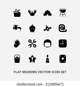 Modern, simple vector icon set with seafood, outdoor, equipment, crab, food, hour, cake, warm, first, sea, tool, doughnut, repair, bucket, camp, dessert, file, music, clock, industrial, helmet icons