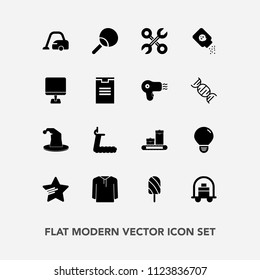 Modern, simple vector icon set with clothing, bellboy, light, fruit, fitness, circus, tool, energy, ping, summer, dessert, white, vacuum, powder, internet, housework, ice, travel, star, cleaner icons