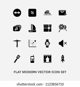 Modern, simple vector icon set with home, journey, cooking, vintage, stamp, file, time, phone, travel, post, fitness, boat, rocket, watch, , mobile, caravan, gym, cell, diagram, ship, mail, sale icons