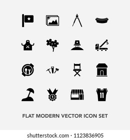 Modern, simple vector icon set with equipment, travel, divider, shirt, restaurant, table, market, shop, flag, photo, hotdog, instrument, beach, plate, chief, kid, tool, game, hammer, island, sea icons