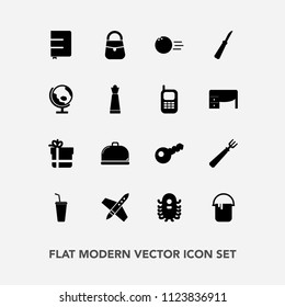 Modern, simple vector icon set with space, bag, bow, fork, technology, global, painter, pin, map, sport, monster, notebook, craft, paint, planet, house, spaceship, paper, kitchen, ufo, globe icons