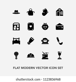 Modern, simple vector icon set with musical, food, sound, cowboy, cook, kitchen, parachute, parachuting, winner, award, bouquet, sky, space, beautiful, socks, car, west, warm, apron, floral, hat icons