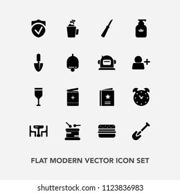 Modern, simple vector icon set with drum, bell, liquid, alarm, hour, favour, alcohol, sound, home, sign, clean, watch, tool, cup, work, time, construction, red, bottle, musical, music, ring, hot icons