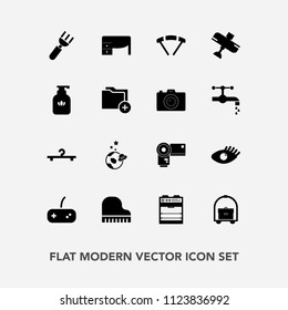 Modern, simple vector icon set with beautiful, cloakroom, room, photo, musical, fork, music, parachute, play, beauty, vacation, work, table, business, health, joystick, extreme, science, hotel icons