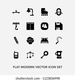 Modern, simple vector icon set with food, cooking, travel, hanger, bed, home, garden, baby, skate, phone, infant, lamp, interior, pen, telephone, tool, ship, toy, skating, mixer, newborn, sport icons