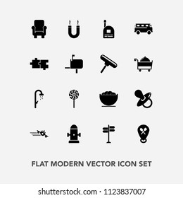 Modern, simple vector icon set with department, infant, street, food, road, bathroom, direction, energy, young, airplane, chair, safety, bus, communication, departure, baby, transport, bowl, kid icons