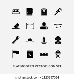 Modern, simple vector icon set with page, bedroom, laboratory, sheriff, hat, japan, flame, dentist, hammer, dentistry, helmet, dental, tool, internet, book, spanner, test, texas, science, flag icons