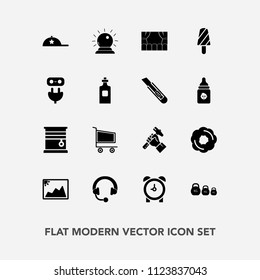 Modern, simple vector icon set with music, weight, kilogram, room, curtain, equipment, picture, alarm, time, cart, audio, image, sound, trolley, cap, window, food, photo, clothing, dessert, hat icons