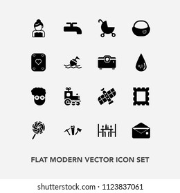 Modern, simple vector icon set with retro, space, fashion, mail, food, train, child, station, photo, travel, technology, picture, toy, candy, sweet, orbit, pram, border, hipster, stroller, bride icons