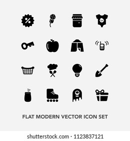 Modern, simple vector icon set with alien, chief, store, shovel, glass, food, tool, box, jar, energy, idea, monster, fun, space, construction, percussion, price, music, present, holiday, ufo icons