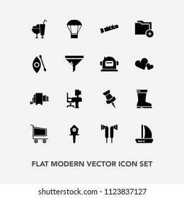 Modern, simple vector icon set with folder, map, food, kayak, dessert, file, water, balloon, trolley, spring, air, data, boat, pin, bird, birdhouse, leather, retail, music, table, style, hot icons