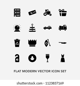 Modern, simple vector icon set with field, kayak, garbage, agriculture, dress, glass, recycling, queen, privacy, airplane, architecture, fashion, house, water, recycle, waste, tractor, knife icons