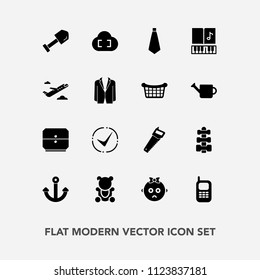 Modern, simple vector icon set with baby, suit, anchor, check, bear, plane, airplane, telephone, fluffy, sad, phone, store, toy, sign, departure, business, construction, shovel, old, sound, note icons
