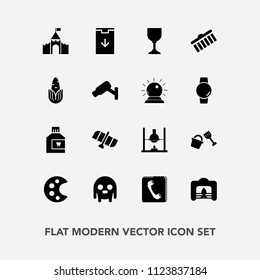 Modern, simple vector icon set with monster, christmas, sign, castle, brush, mouthwash, alien, wine, drawing, technology, shape, download, research, hygiene, orbit, palette, stroke, fire, mouth icons