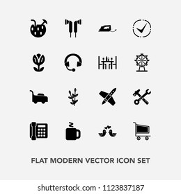 Modern, simple vector icon set with glass, lawn, trolley, drink, love, mower, craft, iron, equipment, music, garden, work, tool, cocktail, cart, blossom, bird, spring, phone, grass, agriculture icons
