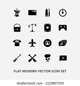 Modern, simple vector icon set with canoe, hat, bag, off, power, restaurant, glass, fashion, water, health, communication, wine, drink, law, plane, toothbrush, hygiene, closed, mail, alcohol, tv icons