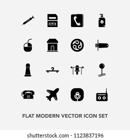 Modern, simple vector icon set with kid, equipment, piece, phone, save, hanger, document, mouse, music, fitness, king, child, fun, aircraft, weight, flight, map, microphone, drop, computer, shop icons