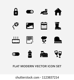 Modern, simple vector icon set with equipment, security, food, text, musical, alcohol, deactivate, real, pie, document, wine, glass, red, write, machinery, sign, estate, restaurant, bottle, edit icons