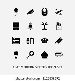 Modern, simple vector icon set with departure, kitchen, parachute, celebration, transport, fish, table, scan, child, cake, sushi, toy, seafood, hostel, balloon, sweet, flight, rattle, meat, food icons