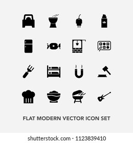 Modern, simple vector icon set with sign, fridge, perfume, fork, magnetic, percussion, bbq, beauty, refrigerator, fashion, bottle, meat, aroma, energy, knife, chef, musical, power, well, white icons