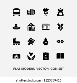 Modern, simple vector icon set with literature, backpack, drawing, leisure, skate, music, home, medicine, bottle, bag, style, perfume, skating, transport, library, heart, beauty, bus, fire, fun icons