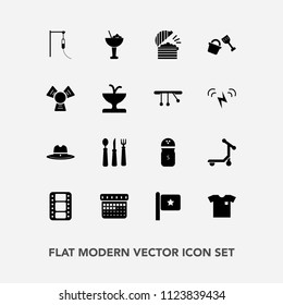 Modern, simple vector icon set with transport, knife, national, pepper, calendar, bucket, restaurant, fork, sheriff, fashion, time, food, film, bar, flag, salt, spice, entertainment, drink, hat icons