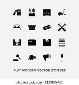 Modern, simple vector icon set with megaphone, clothing, alcohol, bucket, folder, file, double, wine, vacuum, technology, oven, spoon, video, judge, drink, furniture, housework, speaker, bed icons