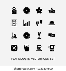 Modern, simple vector icon set with music, scale, dvd, cherry, house, disc, bubble, achievement, bucket, first, speech, plane, talk, cooking, city, cd, spring, album, airplane, mixer, food, send icons
