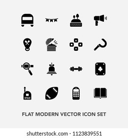 Modern, simple vector icon set with doughnut, notification, megaphone, young, cake, laptop, technology, bell, alert, research, library, phone, stadium, fitness, celebration, mobile, book, child icons