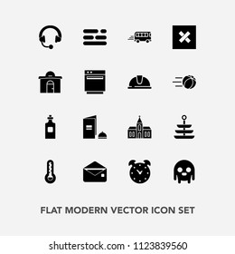 Modern, simple vector icon set with watch, hour, headphone, template, equipment, time, bus, book, architecture, alarm, transport, glass, table, audio, religious, building, paper, business, alien icons