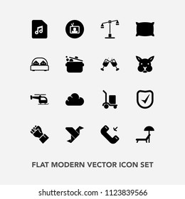 Modern, simple vector icon set with beach, people, package, button, concept, delivery, creative, technology, music, transport, sound, check, security, law, umbrella, sign, justice, screen, white icons