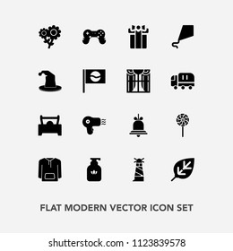 Modern, simple vector icon set with game, sea, lollipop, candy, liquid, box, celebration, soap, clothing, joystick, alarm, present, leaf, play, dryer, kite, joy, nature, natural, notification icons