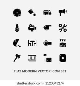 Modern, simple vector icon set with hospital, handle, video, health, referee, drink, communication, food, camera, poker, equipment, photographer, sea, sofa, photography, play, technology, disc icons