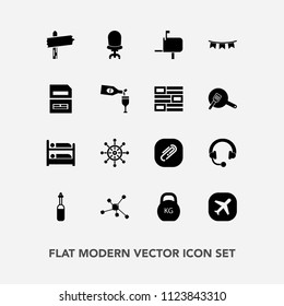 Modern, simple vector icon set with kilogram, tool, weight, rudder, helm, chair, paperclip, ship, laboratory, airplane, equipment, post, music, comfortable, plane, happy, flag, travel, interior icons