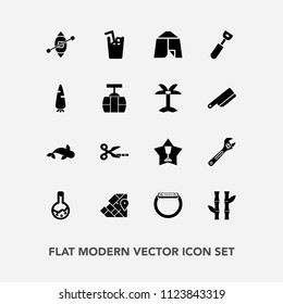 Modern, simple vector icon set with tool, map, boat, spanner, juice, plant, cold, adventure, gadget, winner, place, food, drink, cut, equipment, time, world, travel, fish, tent, geography, atlas icons